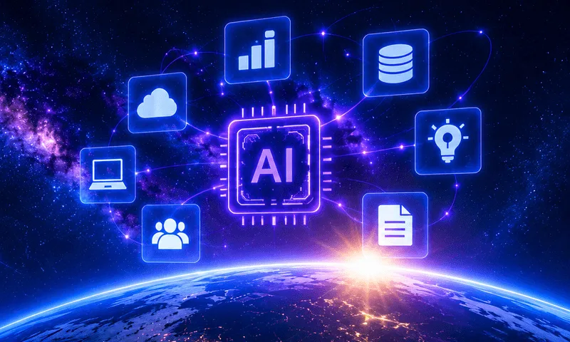 A central AI processor connected to icons representing analytics, data, cloud, and automation.
