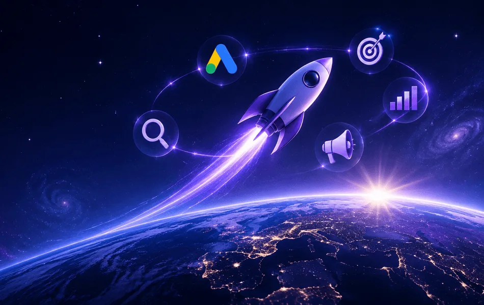 A rocket launching past Google Ads, targeting and analytics icons, representing paid campaign growth.