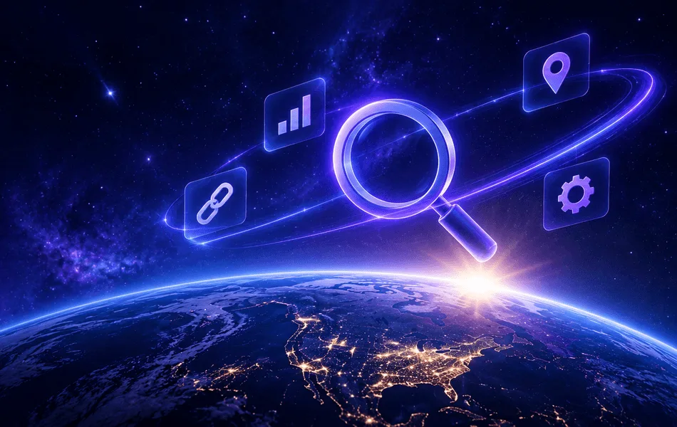A magnifying glass and search analytics icons over a glowing globe, representing SEO visibility.