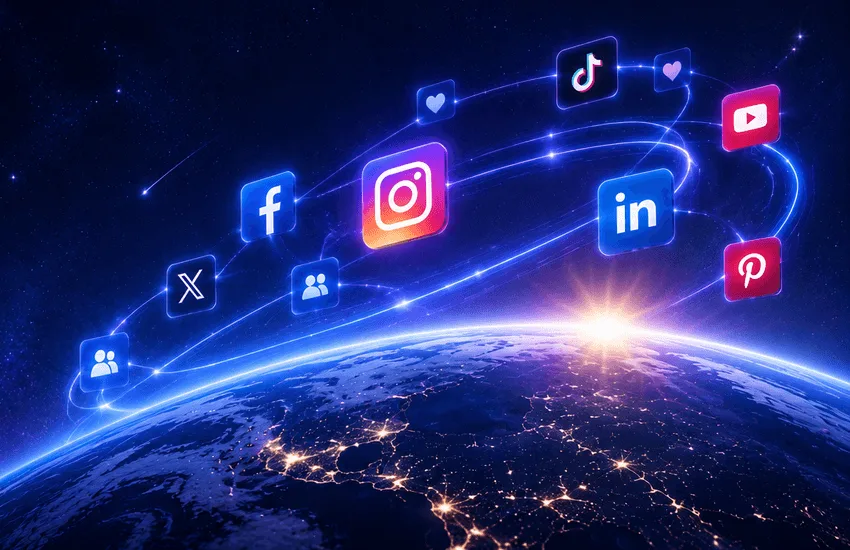 Icons for major social platforms connected around a globe, representing a managed social presence.